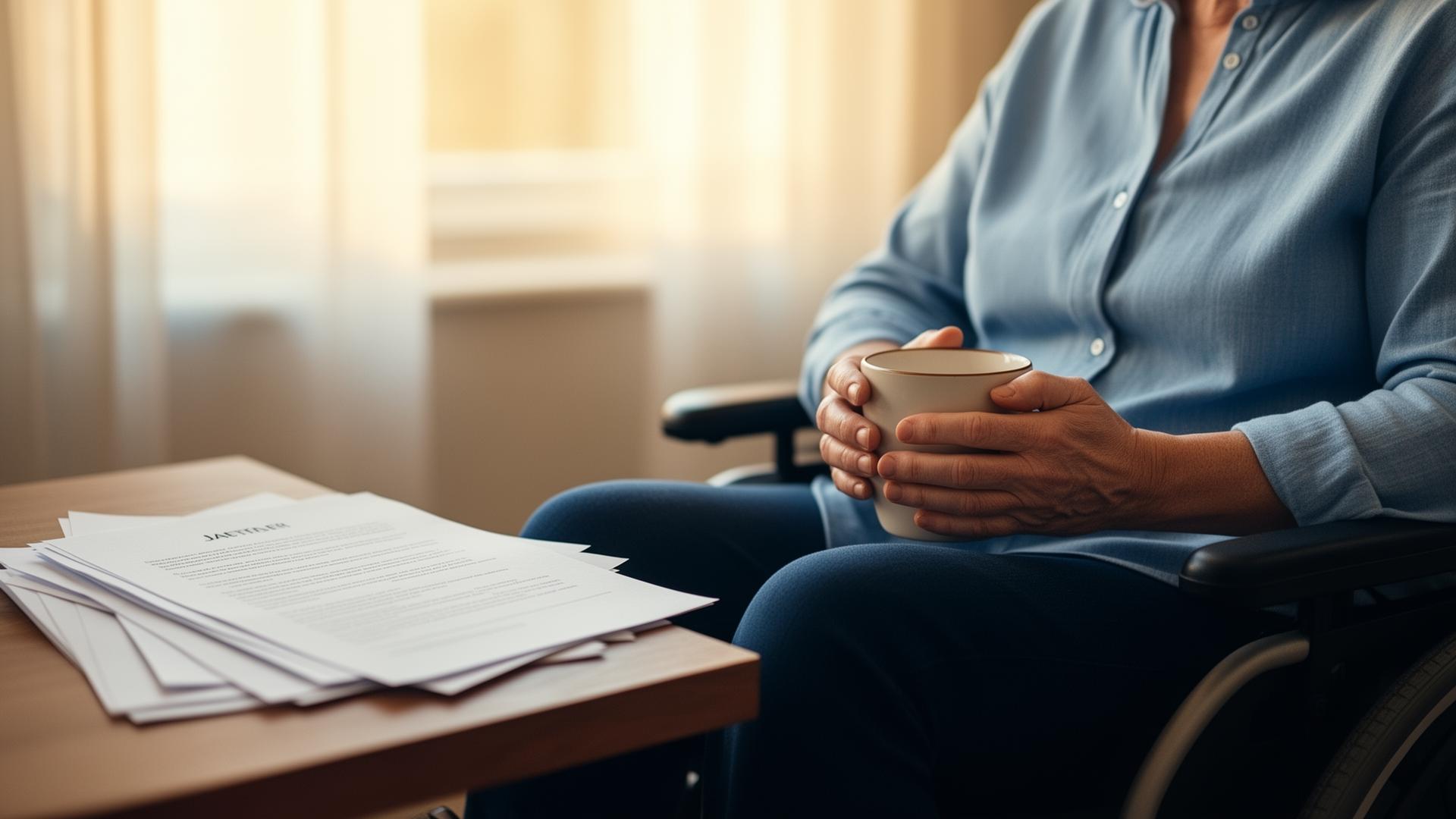 Person i hemmiljö som dricker kaffe med dokument bredvid